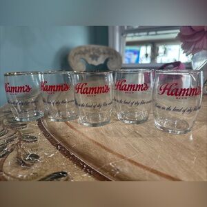 Set of 4 Hamm's Beer 6oz Barrel Taster Chaser Glass Sky Blue Waters  Gold Rim